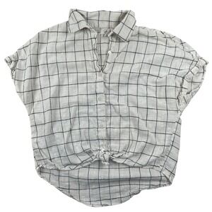 Japna Button Down Shirt Size Small White Black Grid Tie Front Boho Casual Summer